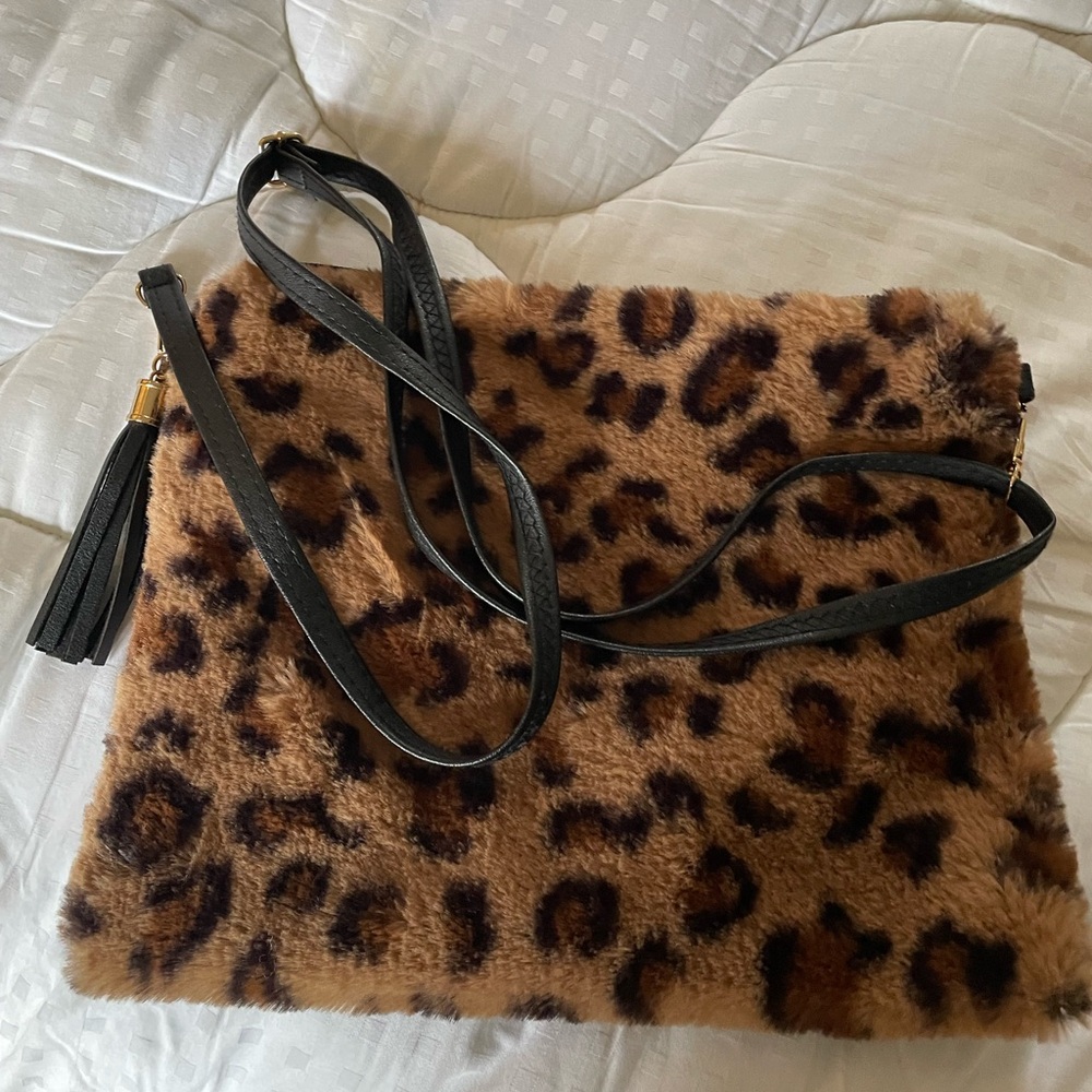 Leopard Print Plush Crossbody Bag with Black Strap